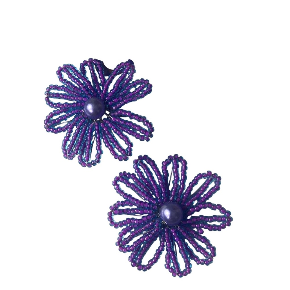Vintage Style Purple Blue Seed Bead Flower Stud Earrings Faux Pearl Center Boho